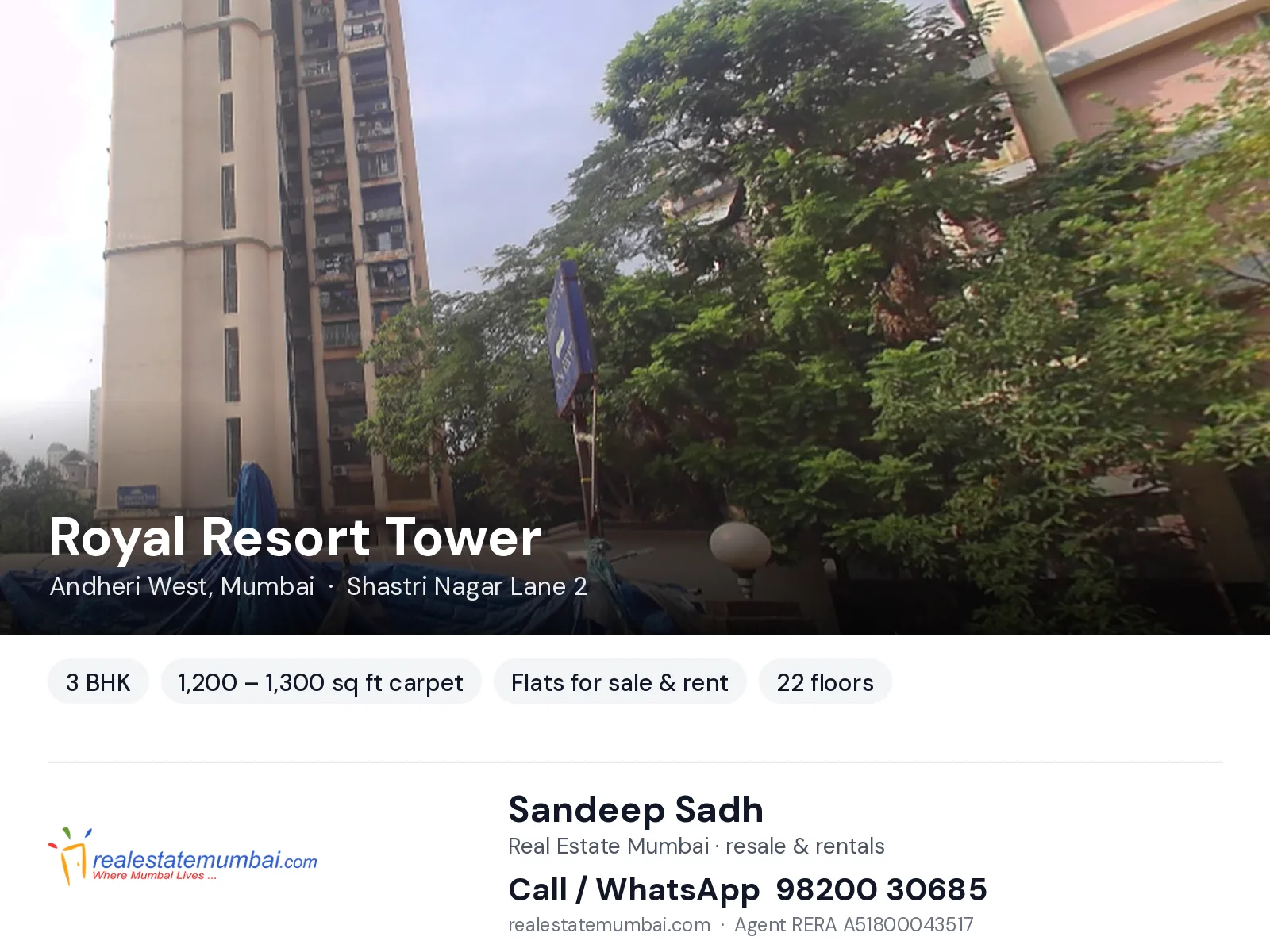Royal Resort Tower, Andheri West, Mumbai — 3 BHK flats for sale & rent | Real Estate Mumbai, Sandeep Sadh 98200 30685