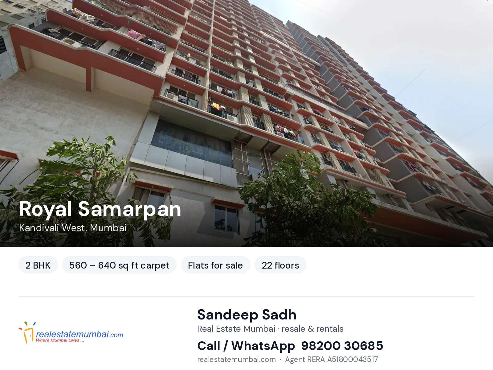 Royal Samarpan, Kandivali West, Mumbai — 2 BHK flats for sale | Real Estate Mumbai, Sandeep Sadh 98200 30685
