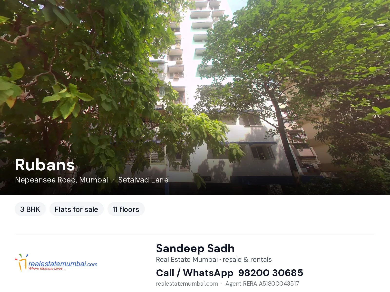 Rubans, Nepeansea Road, Mumbai — 3 BHK flats for sale | Real Estate Mumbai, Sandeep Sadh 98200 30685