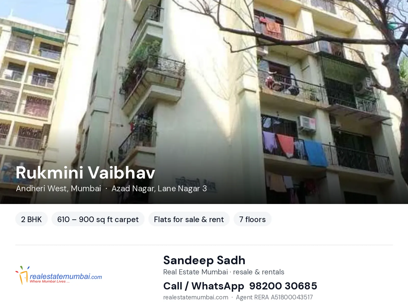 Rukmini Vaibhav, Andheri West, Mumbai — 2 BHK flats for sale & rent | Real Estate Mumbai, Sandeep Sadh 98200 30685