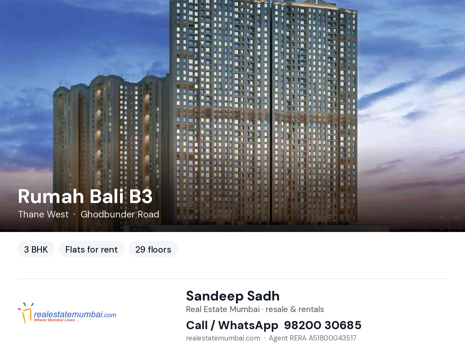 Rumah Bali B3, Thane West — 3 BHK flats for rent | Real Estate Mumbai, Sandeep Sadh 98200 30685