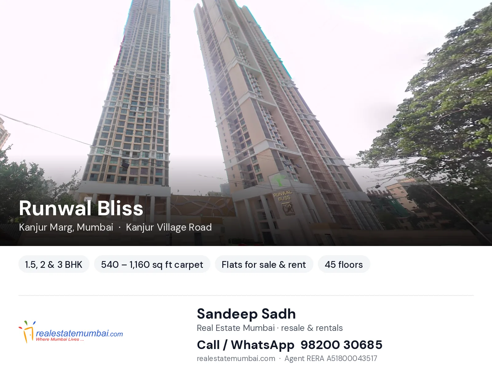 Runwal Bliss, Kanjur Marg, Mumbai — 1.5, 2 & 3 BHK flats for sale & rent | Real Estate Mumbai, Sandeep Sadh 98200 30685