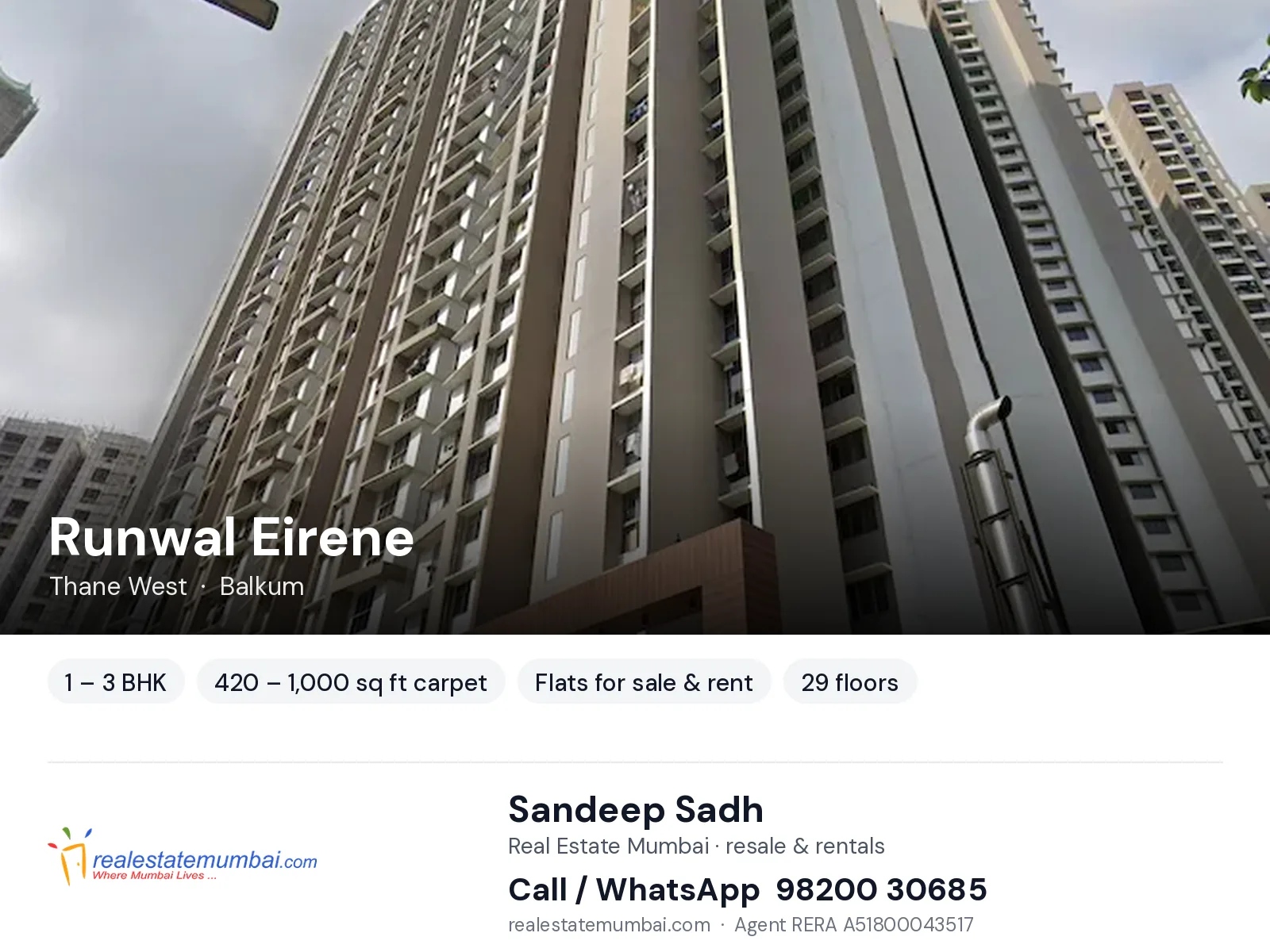 Runwal Eirene, Thane West — 1 – 3 BHK flats for sale & rent | Real Estate Mumbai, Sandeep Sadh 98200 30685