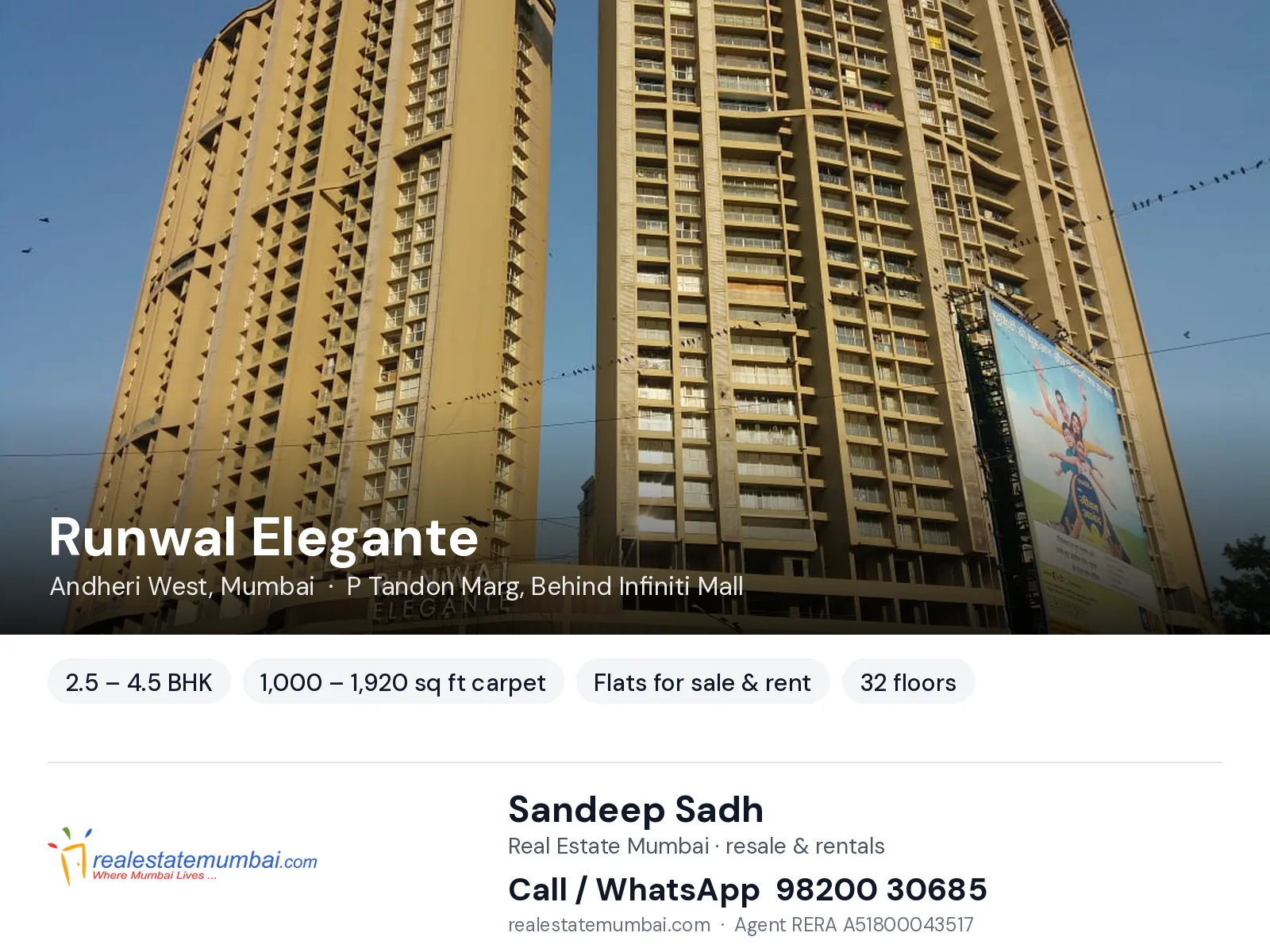 Runwal Elegante, Andheri West, Mumbai — 2.5 – 4.5 BHK flats for sale & rent | Real Estate Mumbai, Sandeep Sadh 98200 30685