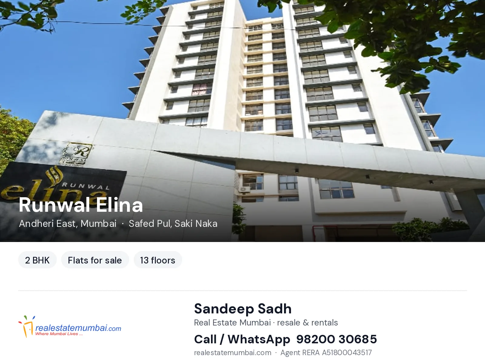Runwal Elina, Andheri East, Mumbai — 2 BHK flats for sale | Real Estate Mumbai, Sandeep Sadh 98200 30685