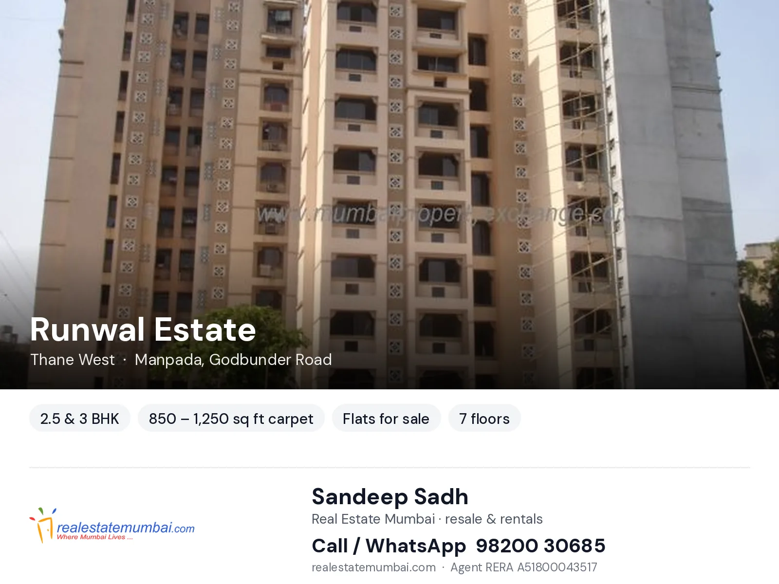 Runwal Estate, Thane West — 2.5 & 3 BHK flats for sale | Real Estate Mumbai, Sandeep Sadh 98200 30685