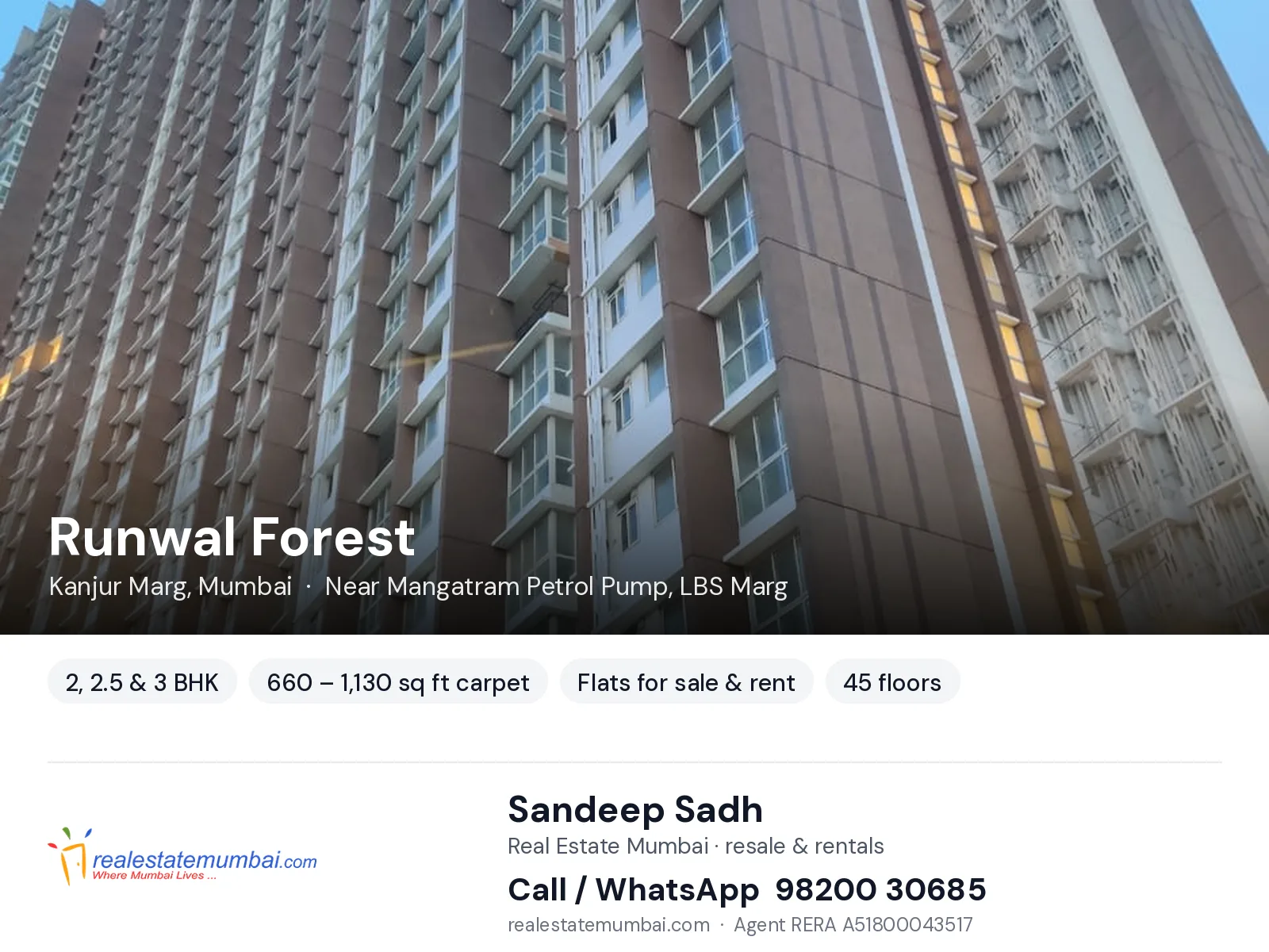 Runwal Forest, Kanjur Marg, Mumbai — 2, 2.5 & 3 BHK flats for sale & rent | Real Estate Mumbai, Sandeep Sadh 98200 30685