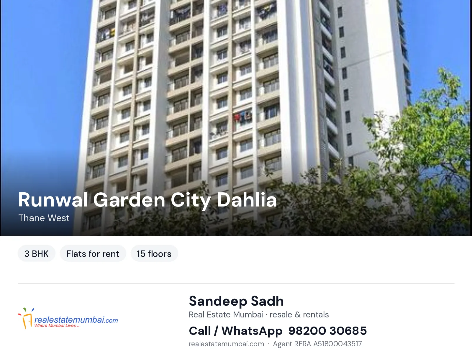 Runwal Garden City Dahlia, Thane West — 3 BHK flats for rent | Real Estate Mumbai, Sandeep Sadh 98200 30685