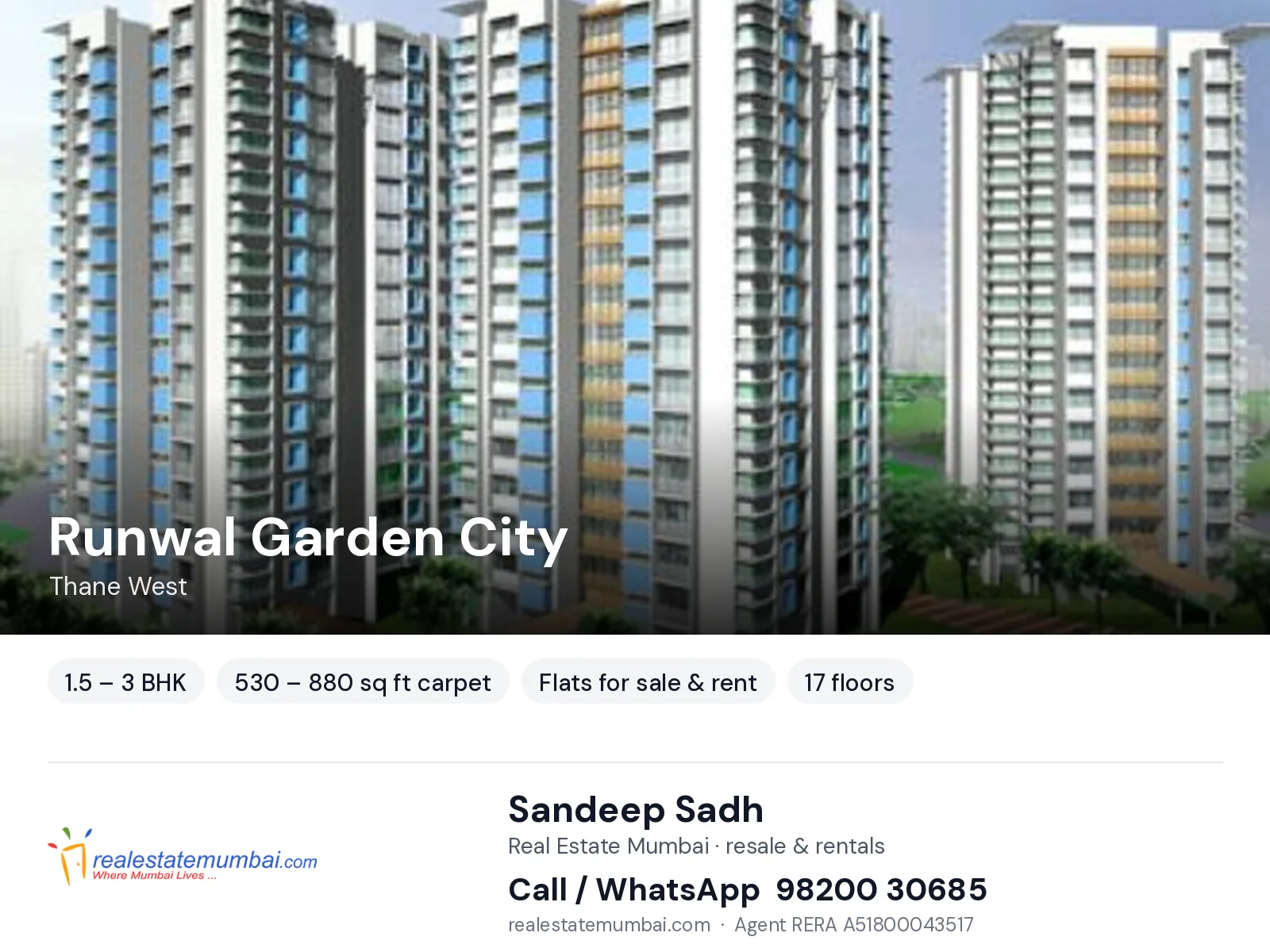 Runwal Garden City, Thane West — 1.5 – 3 BHK flats for sale & rent | Real Estate Mumbai, Sandeep Sadh 98200 30685