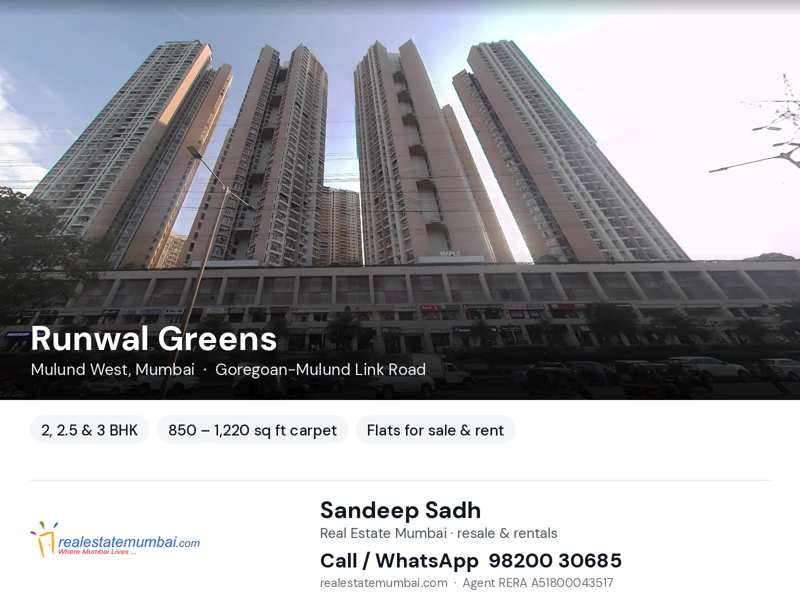 Runwal Greens, Mulund West, Mumbai — 2, 2.5 & 3 BHK flats for sale & rent | Real Estate Mumbai, Sandeep Sadh 98200 30685