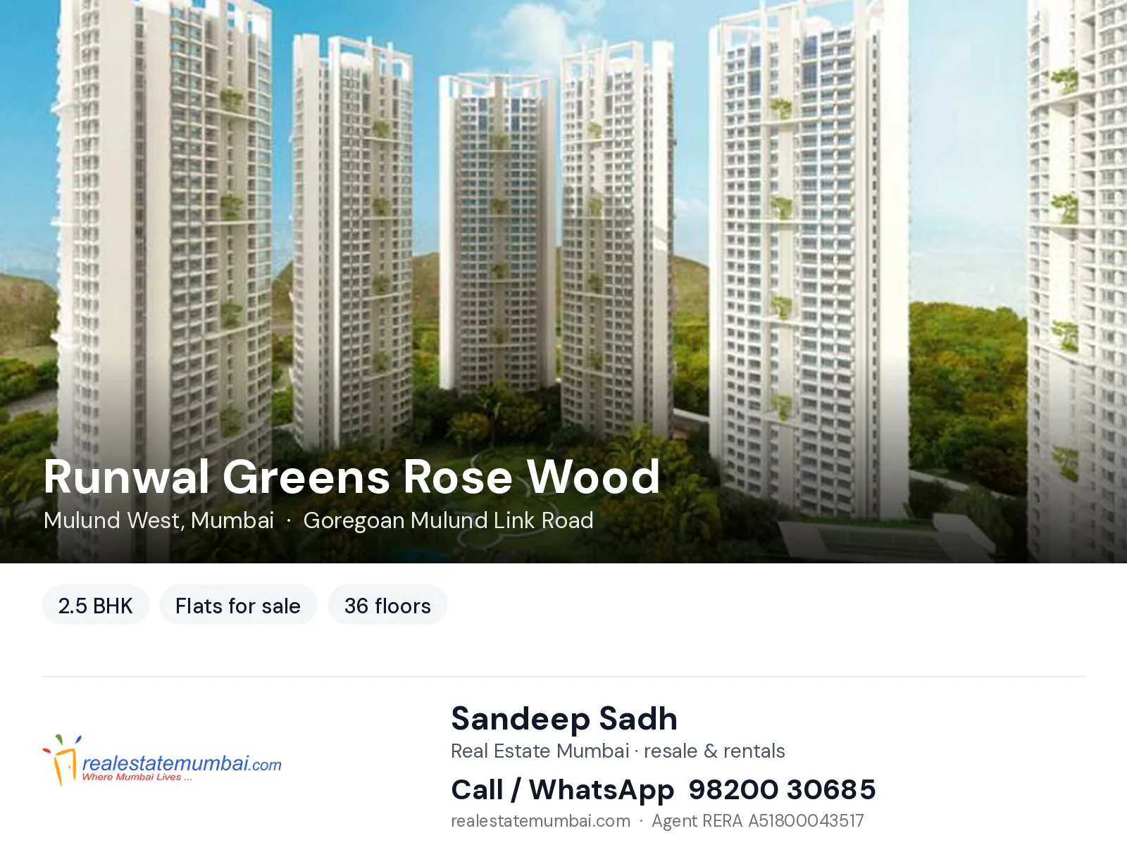 Runwal Greens Rose Wood, Mulund West, Mumbai — 2.5 BHK flats for sale | Real Estate Mumbai, Sandeep Sadh 98200 30685