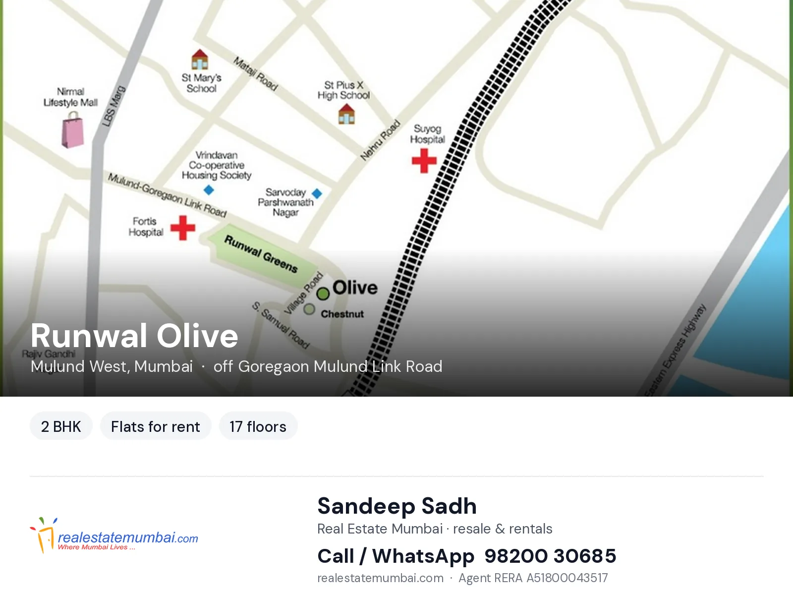 Runwal Olive, Mulund West, Mumbai — 2 BHK flats for rent | Real Estate Mumbai, Sandeep Sadh 98200 30685