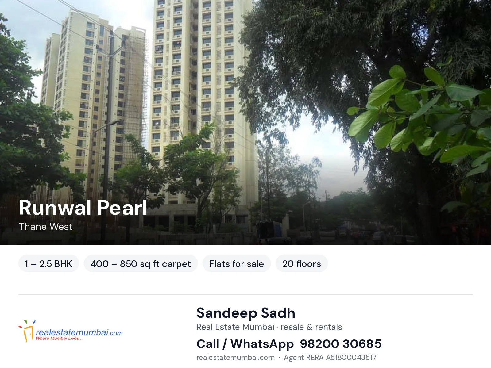 Runwal Pearl, Thane West — 1 – 2.5 BHK flats for sale | Real Estate Mumbai, Sandeep Sadh 98200 30685