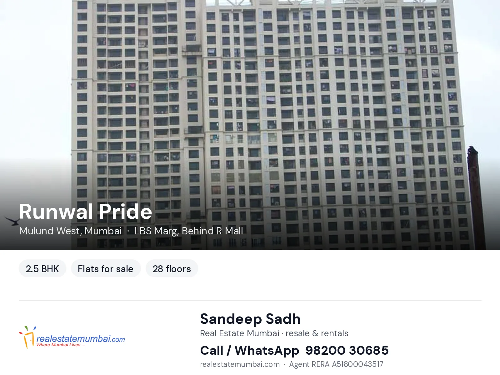Runwal Pride, Mulund West, Mumbai — 2.5 BHK flats for sale | Real Estate Mumbai, Sandeep Sadh 98200 30685