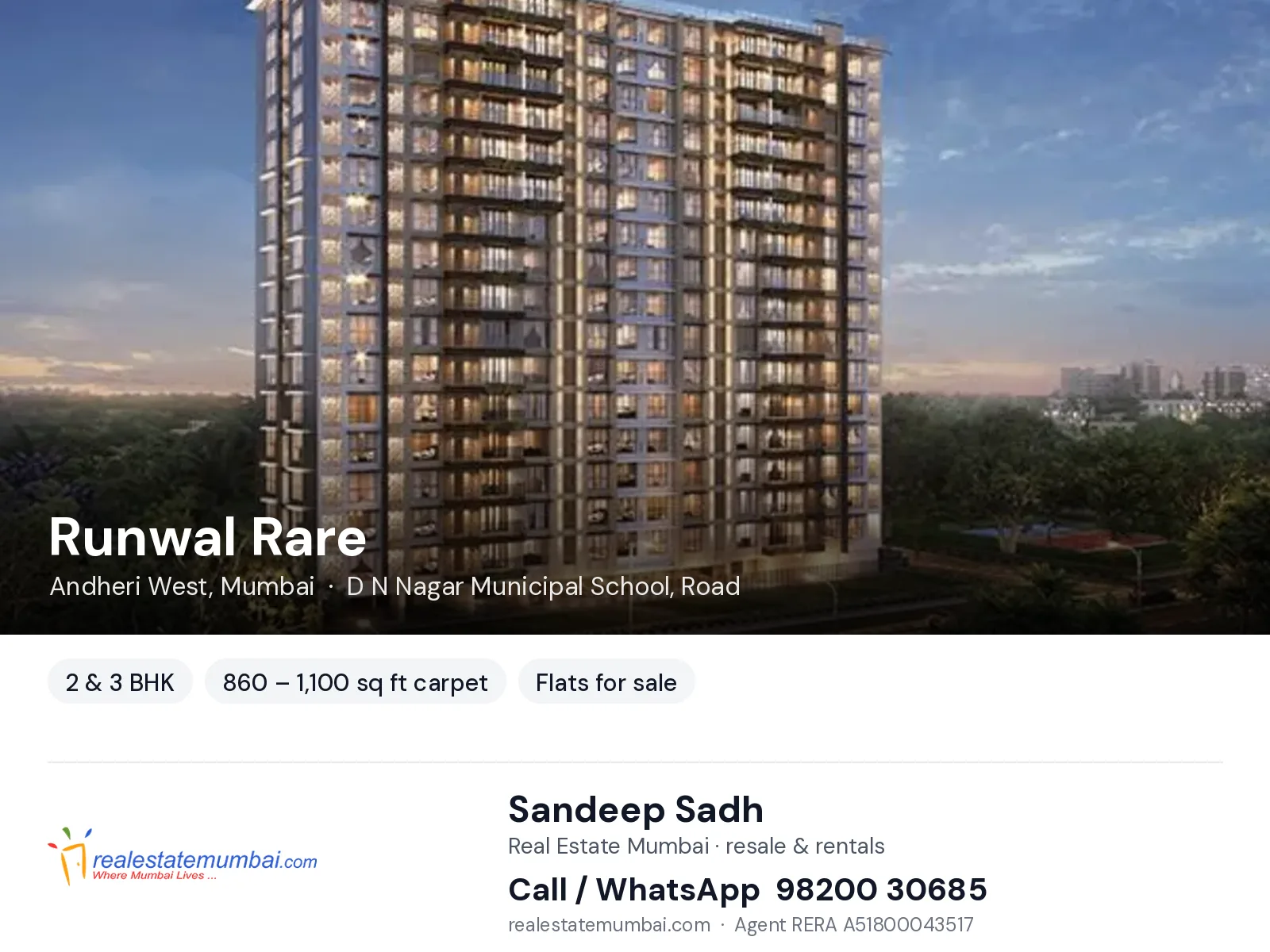 Runwal Rare, Andheri West, Mumbai — 2 & 3 BHK flats for sale | Real Estate Mumbai, Sandeep Sadh 98200 30685