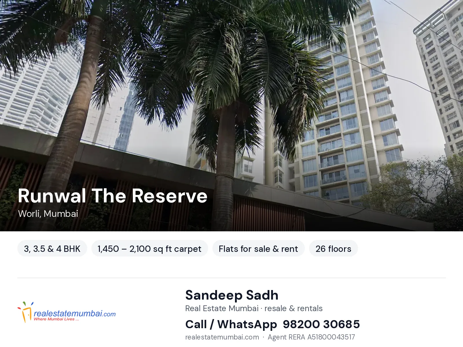 Runwal The Reserve, Worli, Mumbai — 3, 3.5 & 4 BHK flats for sale & rent | Real Estate Mumbai, Sandeep Sadh 98200 30685