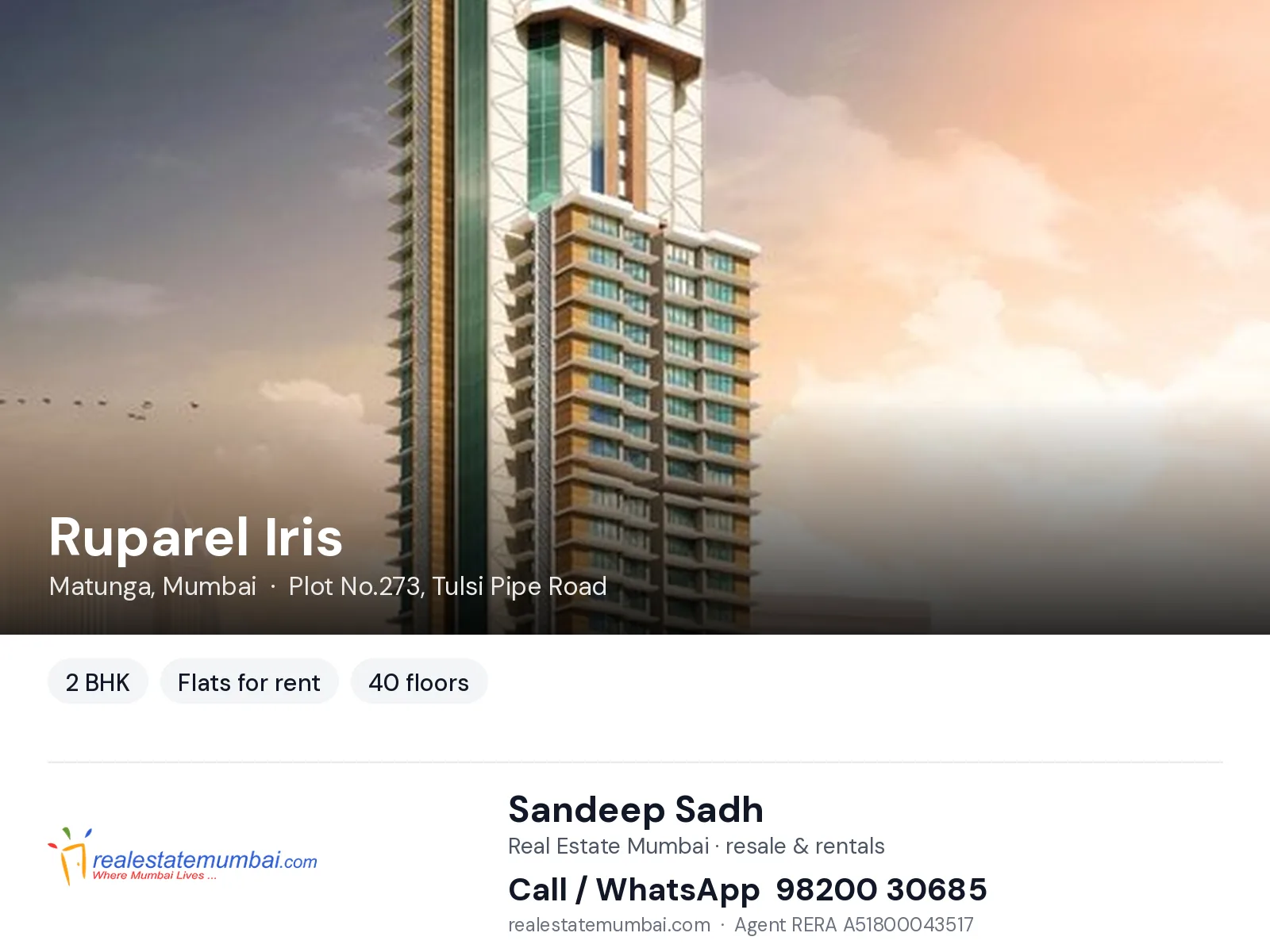 Ruparel Iris, Matunga, Mumbai — 2 BHK flats for rent | Real Estate Mumbai, Sandeep Sadh 98200 30685