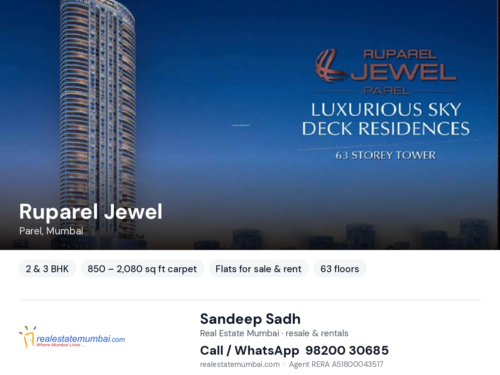 Ruparel Jewel, Parel, Mumbai — 2 & 3 BHK flats for sale & rent | Real Estate Mumbai, Sandeep Sadh 98200 30685