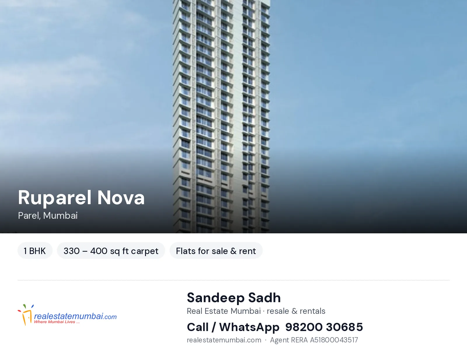Ruparel Nova, Parel, Mumbai — 1 BHK flats for sale & rent | Real Estate Mumbai, Sandeep Sadh 98200 30685