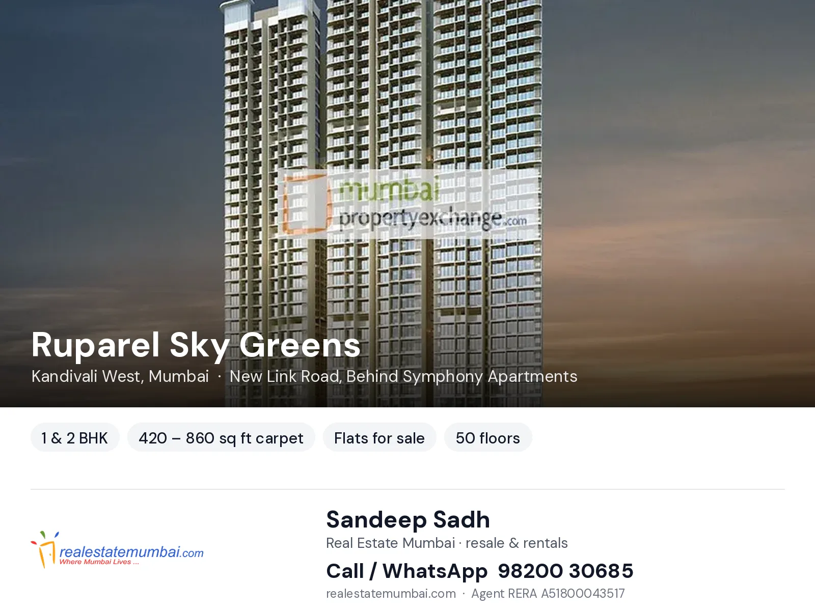 Ruparel Sky Greens, Kandivali West, Mumbai — 1 & 2 BHK flats for sale | Real Estate Mumbai, Sandeep Sadh 98200 30685