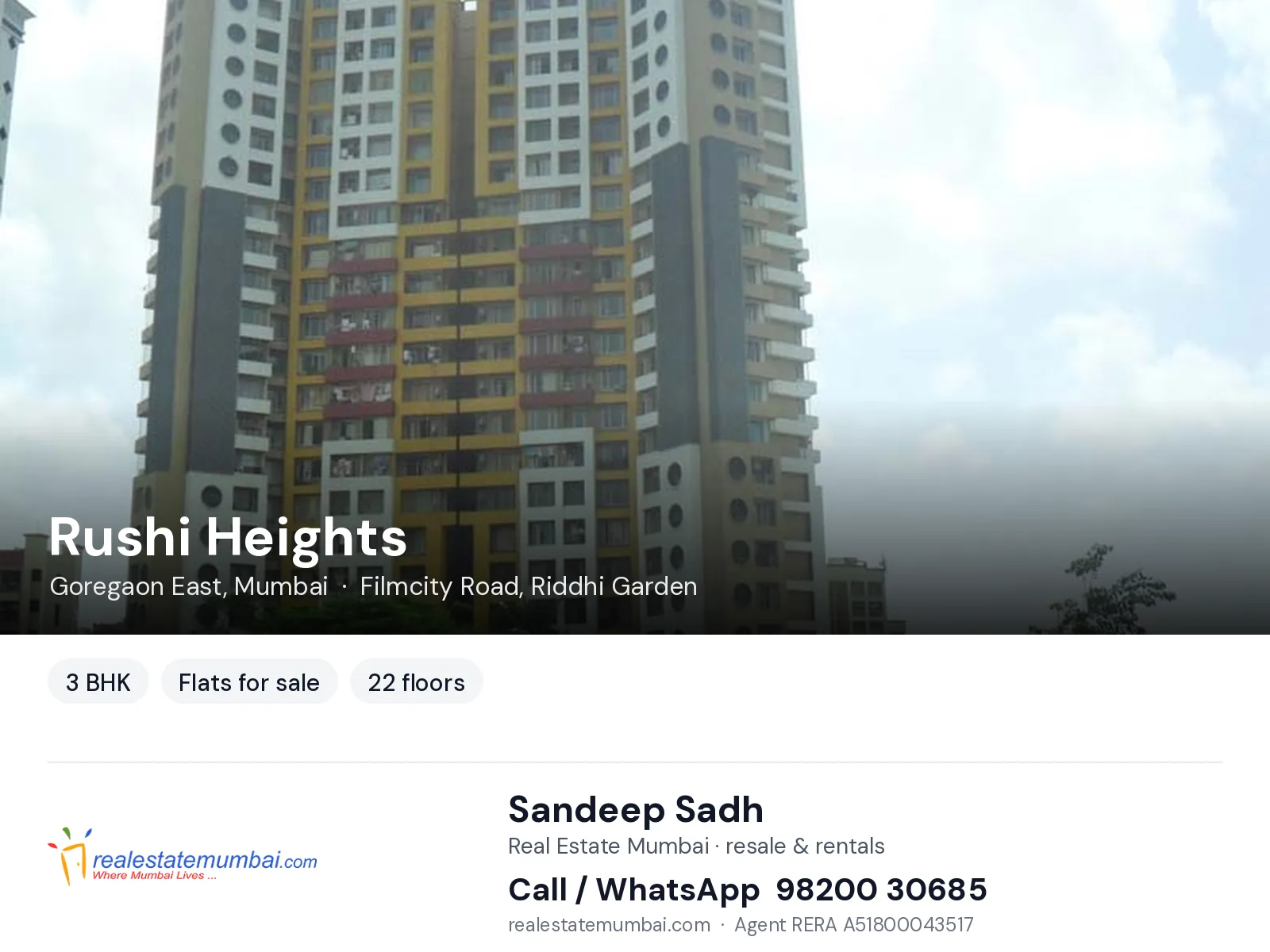 Rushi Heights, Goregaon East, Mumbai — 3 BHK flats for sale | Real Estate Mumbai, Sandeep Sadh 98200 30685