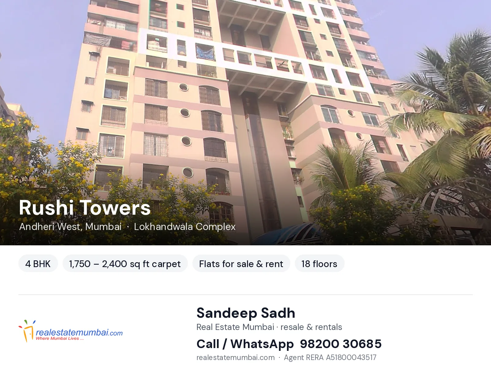 Rushi Towers, Andheri West, Mumbai — 4 BHK flats for sale & rent | Real Estate Mumbai, Sandeep Sadh 98200 30685