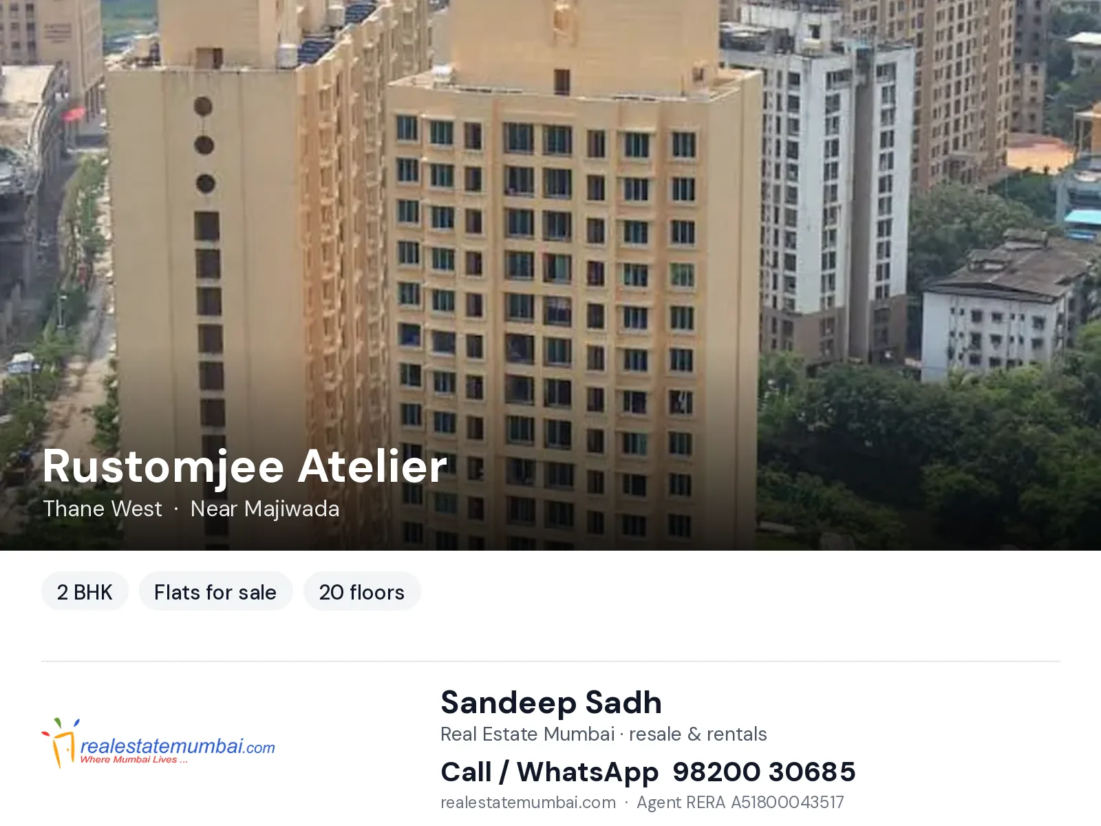Rustomjee Atelier, Thane West — 2 BHK flats for sale | Real Estate Mumbai, Sandeep Sadh 98200 30685