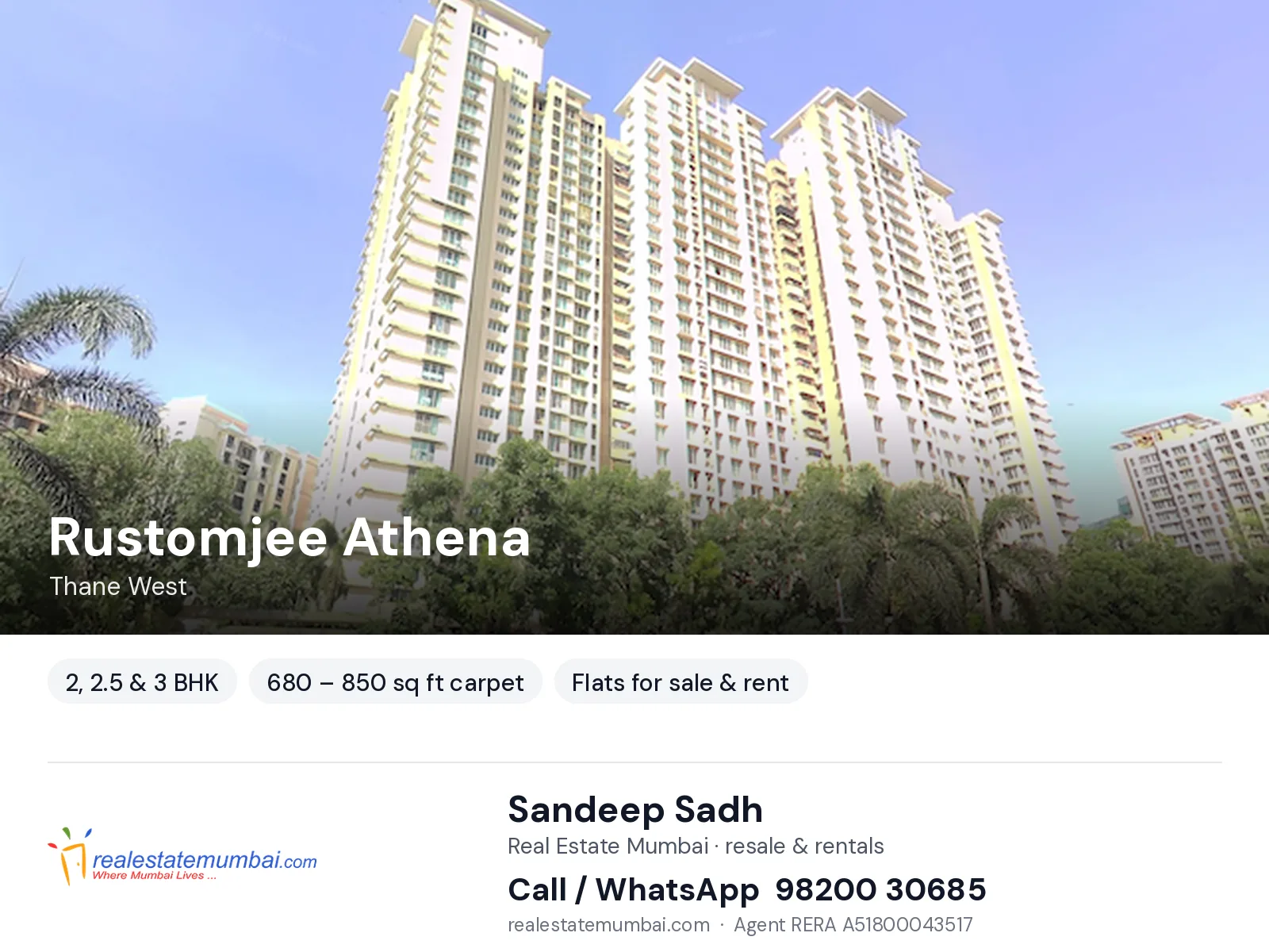 Rustomjee Athena, Thane West — 2, 2.5 & 3 BHK flats for sale & rent | Real Estate Mumbai, Sandeep Sadh 98200 30685