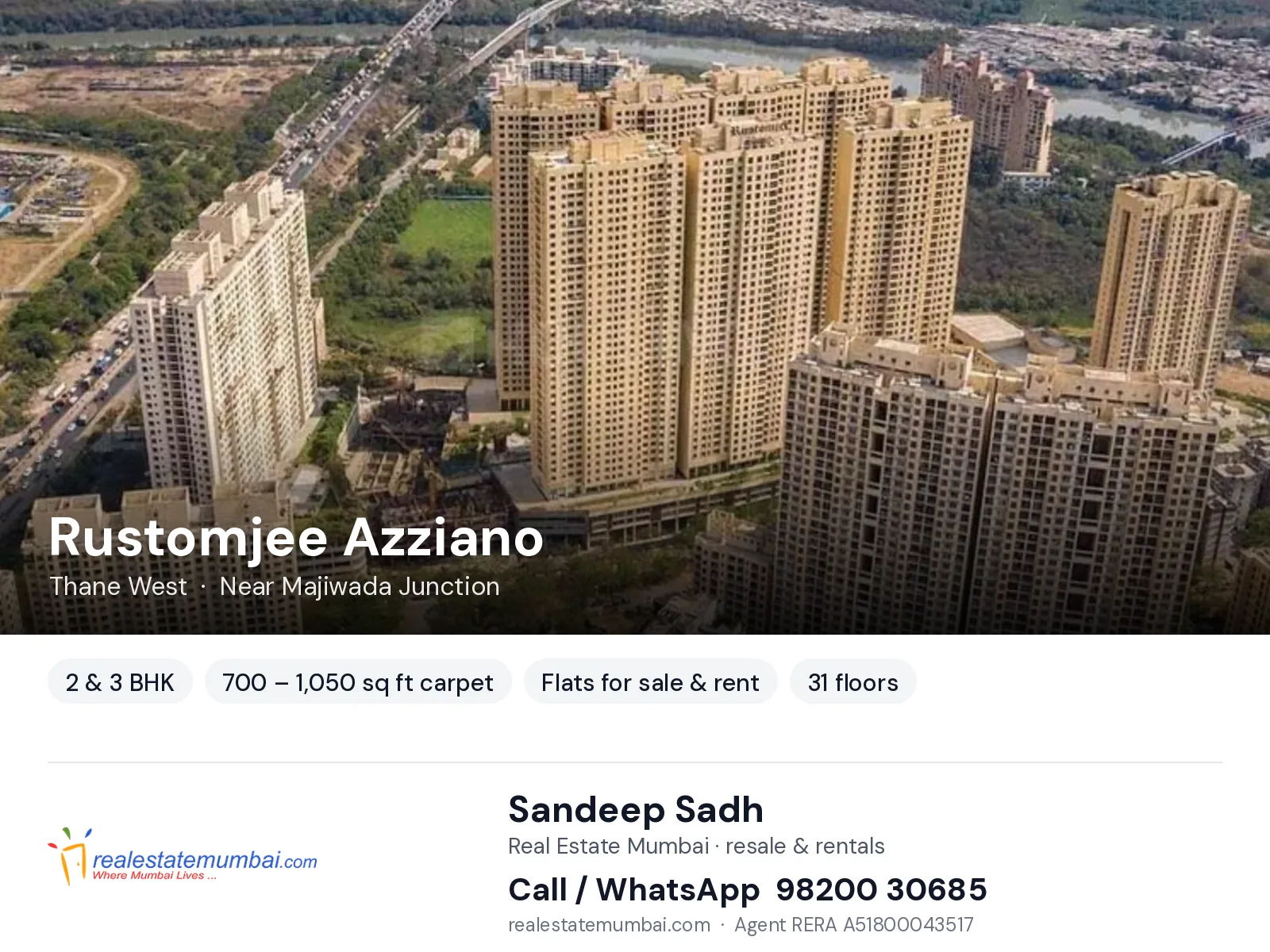 Rustomjee Azziano, Thane West — 2 & 3 BHK flats for sale & rent | Real Estate Mumbai, Sandeep Sadh 98200 30685