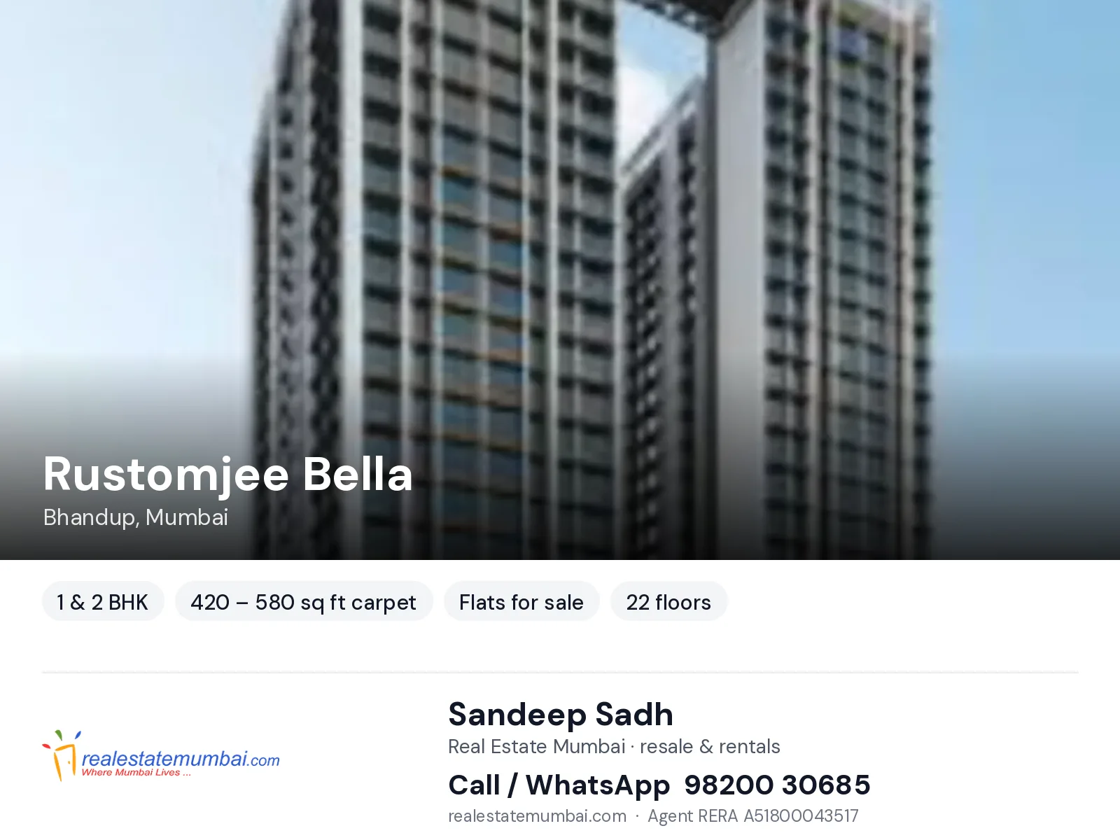 Rustomjee Bella, Bhandup, Mumbai — 1 & 2 BHK flats for sale | Real Estate Mumbai, Sandeep Sadh 98200 30685