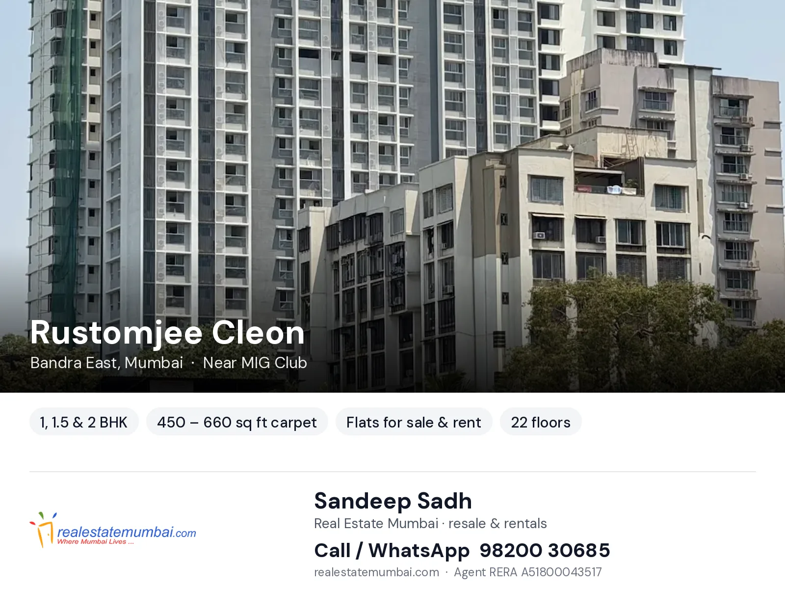 Rustomjee Cleon, Bandra East, Mumbai — 1, 1.5 & 2 BHK flats for sale & rent | Real Estate Mumbai, Sandeep Sadh 98200 30685