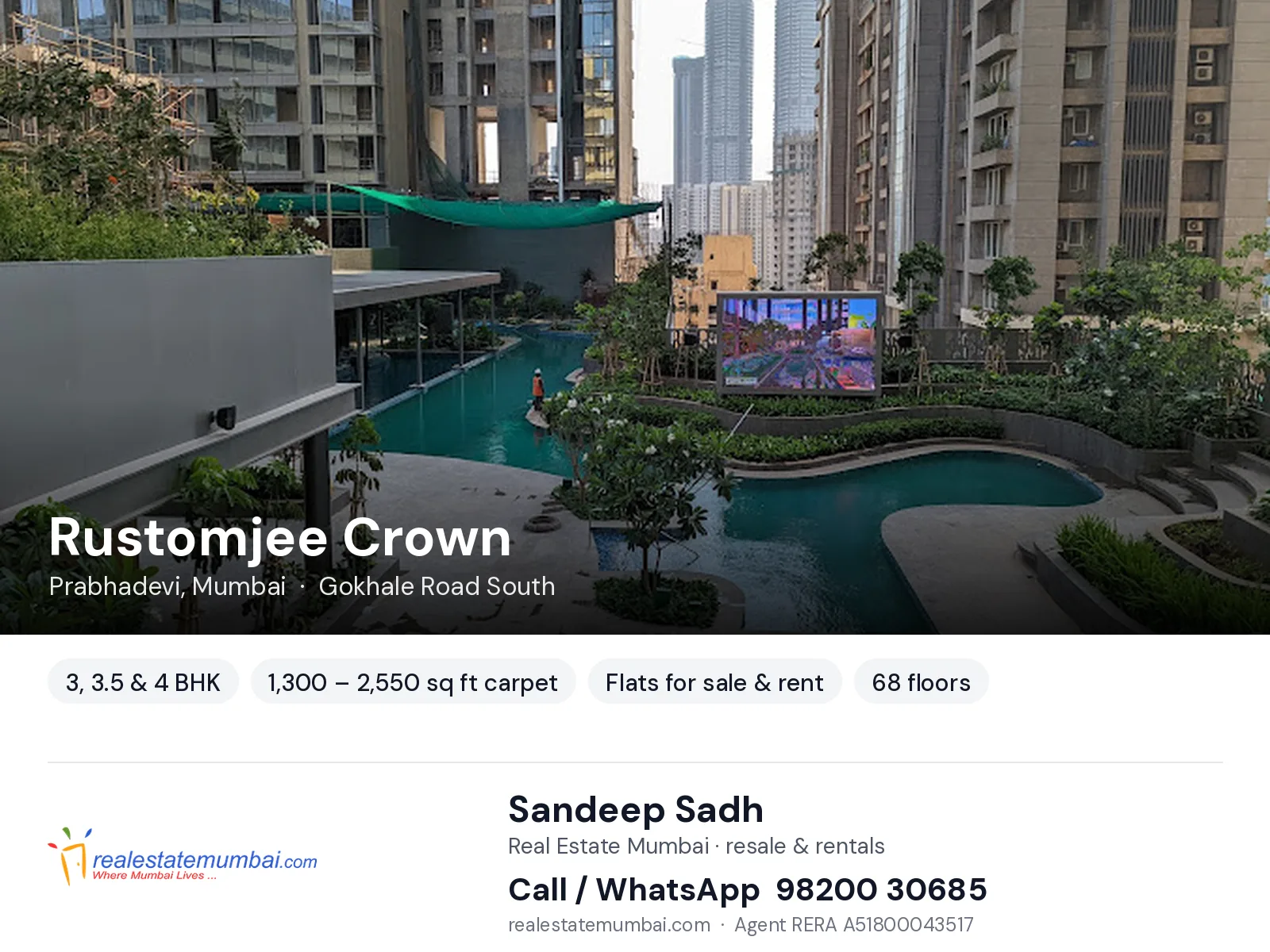Rustomjee Crown, Prabhadevi, Mumbai — 3, 3.5 & 4 BHK flats for sale & rent | Real Estate Mumbai, Sandeep Sadh 98200 30685