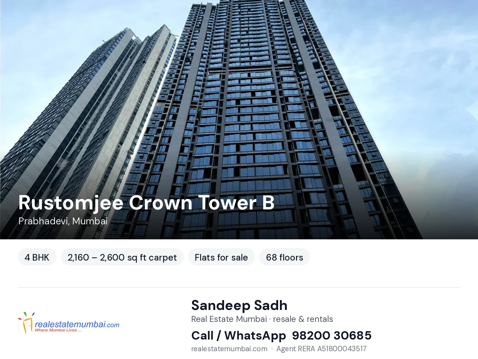 Rustomjee Crown Tower B, Prabhadevi, Mumbai — 4 BHK flats for sale | Real Estate Mumbai, Sandeep Sadh 98200 30685