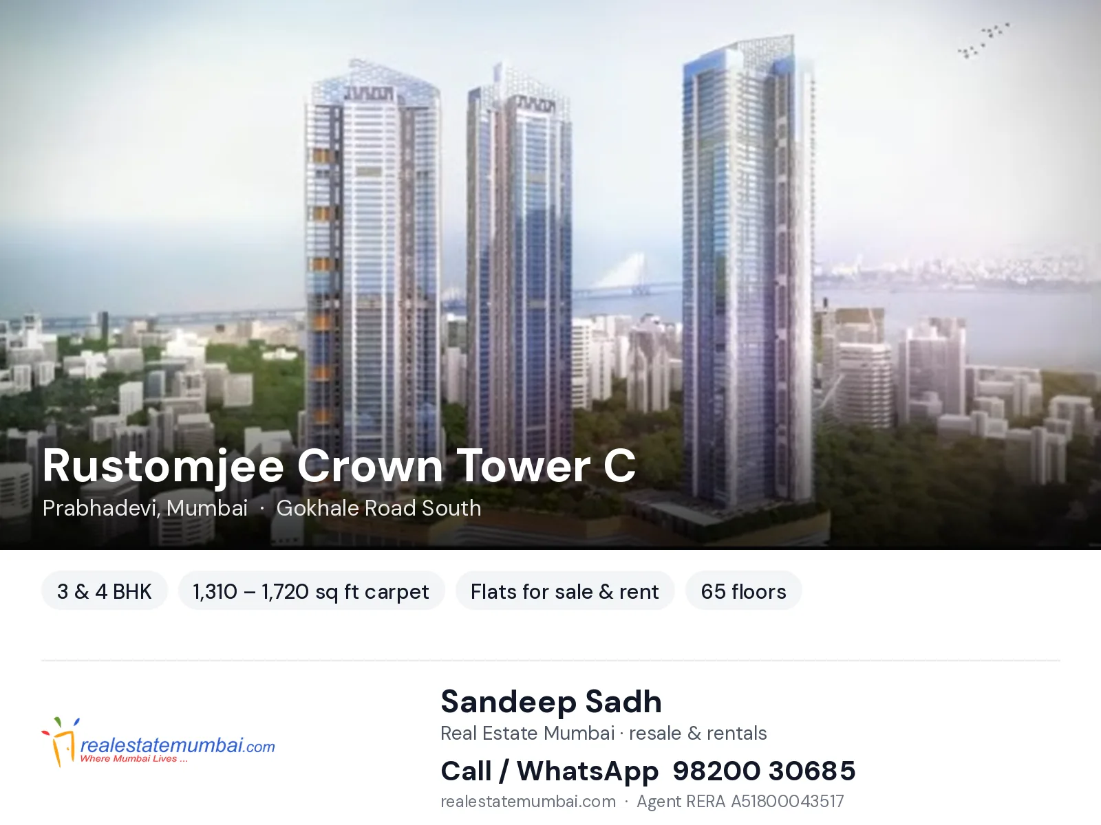 Rustomjee Crown Tower C, Prabhadevi, Mumbai — 3 & 4 BHK flats for sale & rent | Real Estate Mumbai, Sandeep Sadh 98200 30685
