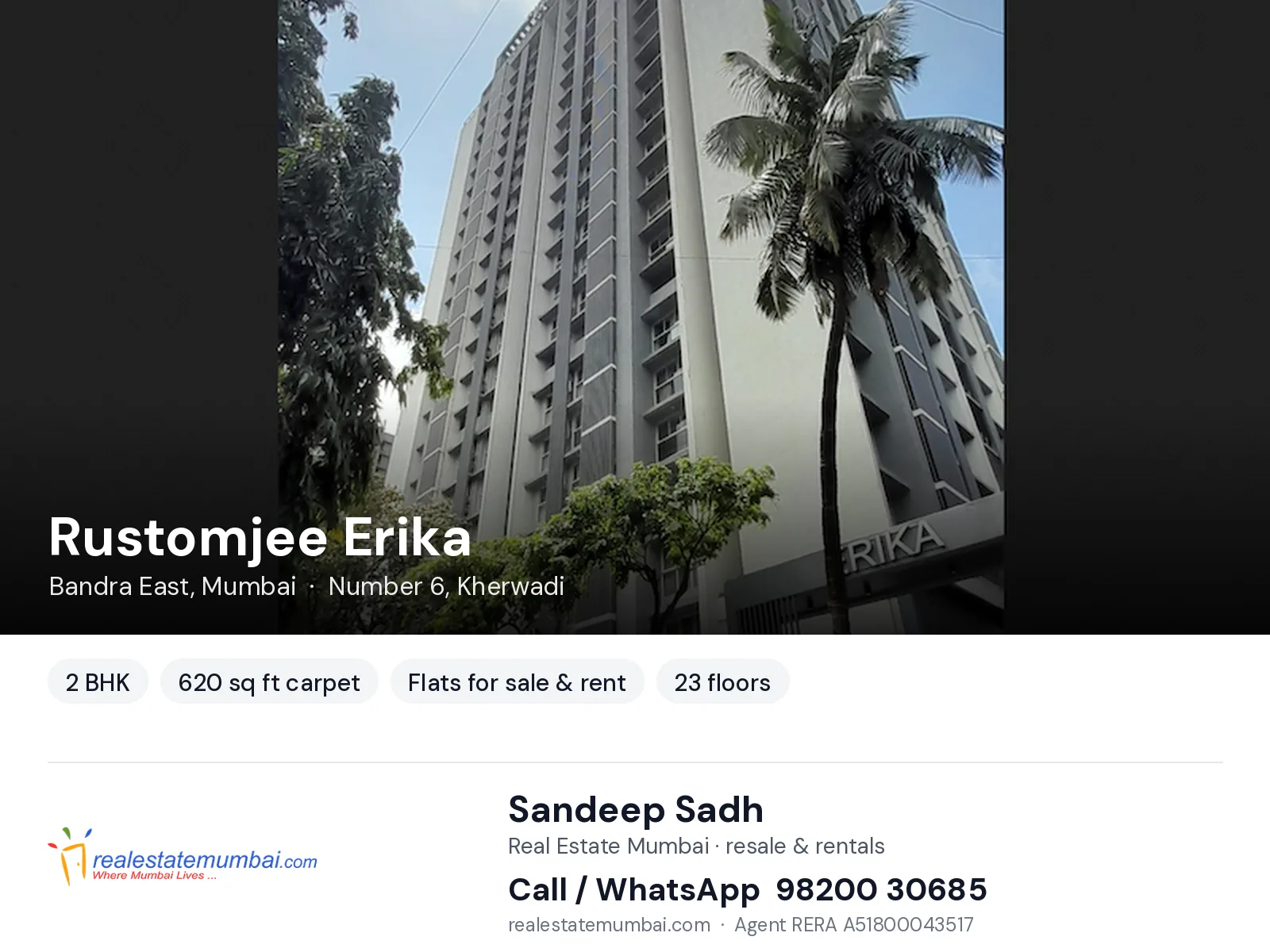 Rustomjee Erika, Bandra East, Mumbai — 2 BHK flats for sale & rent | Real Estate Mumbai, Sandeep Sadh 98200 30685