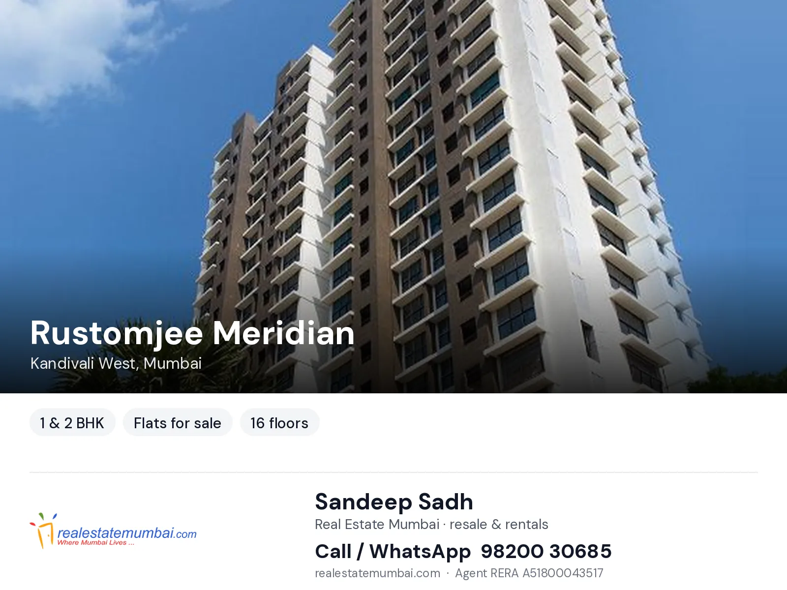 Rustomjee Meridian, Kandivali West, Mumbai — 1 & 2 BHK flats for sale | Real Estate Mumbai, Sandeep Sadh 98200 30685