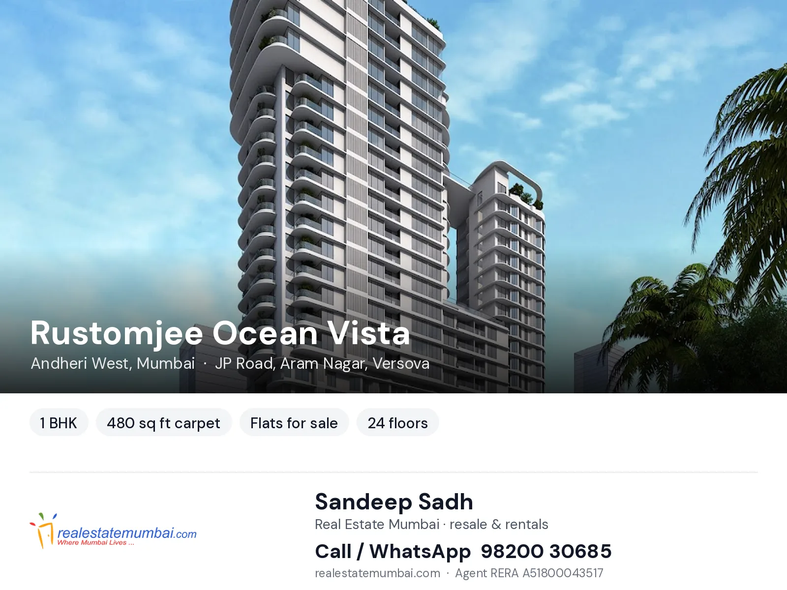 Rustomjee Ocean Vista, Andheri West, Mumbai — 1 BHK flats for sale | Real Estate Mumbai, Sandeep Sadh 98200 30685