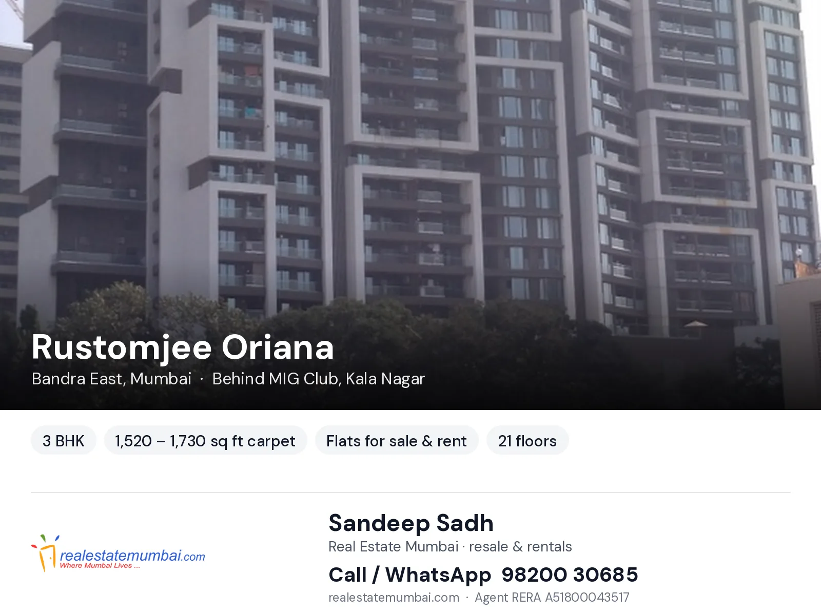 Rustomjee Oriana, Bandra East, Mumbai — 3 BHK flats for sale & rent | Real Estate Mumbai, Sandeep Sadh 98200 30685