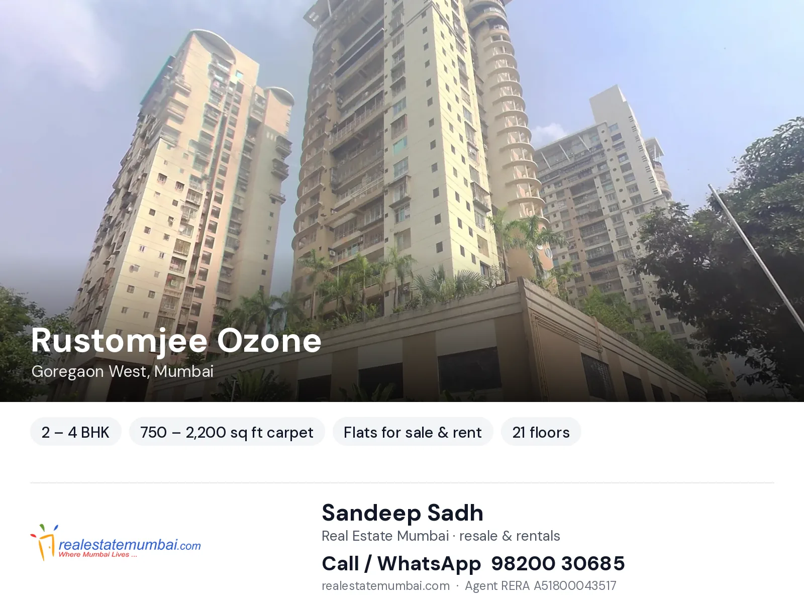 Rustomjee Ozone, Goregaon West, Mumbai — 2 – 4 BHK flats for sale & rent | Real Estate Mumbai, Sandeep Sadh 98200 30685