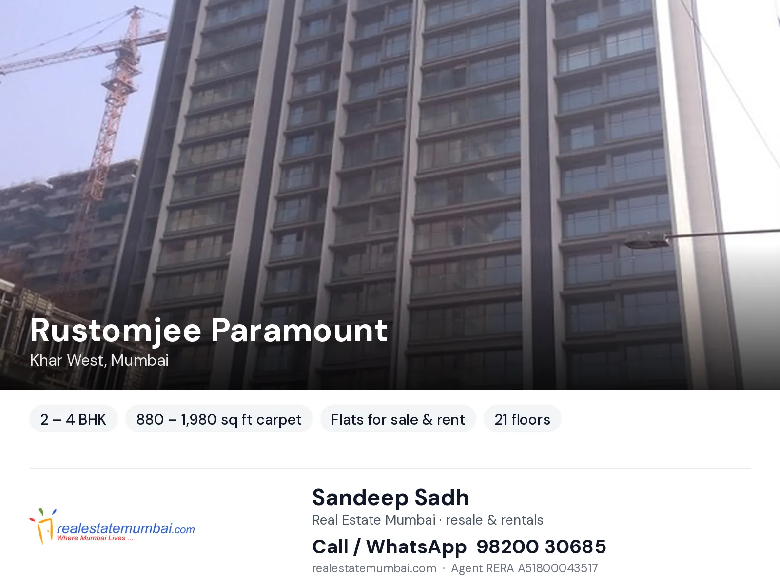 Rustomjee Paramount, Khar West, Mumbai — 2 – 4 BHK flats for sale & rent | Real Estate Mumbai, Sandeep Sadh 98200 30685