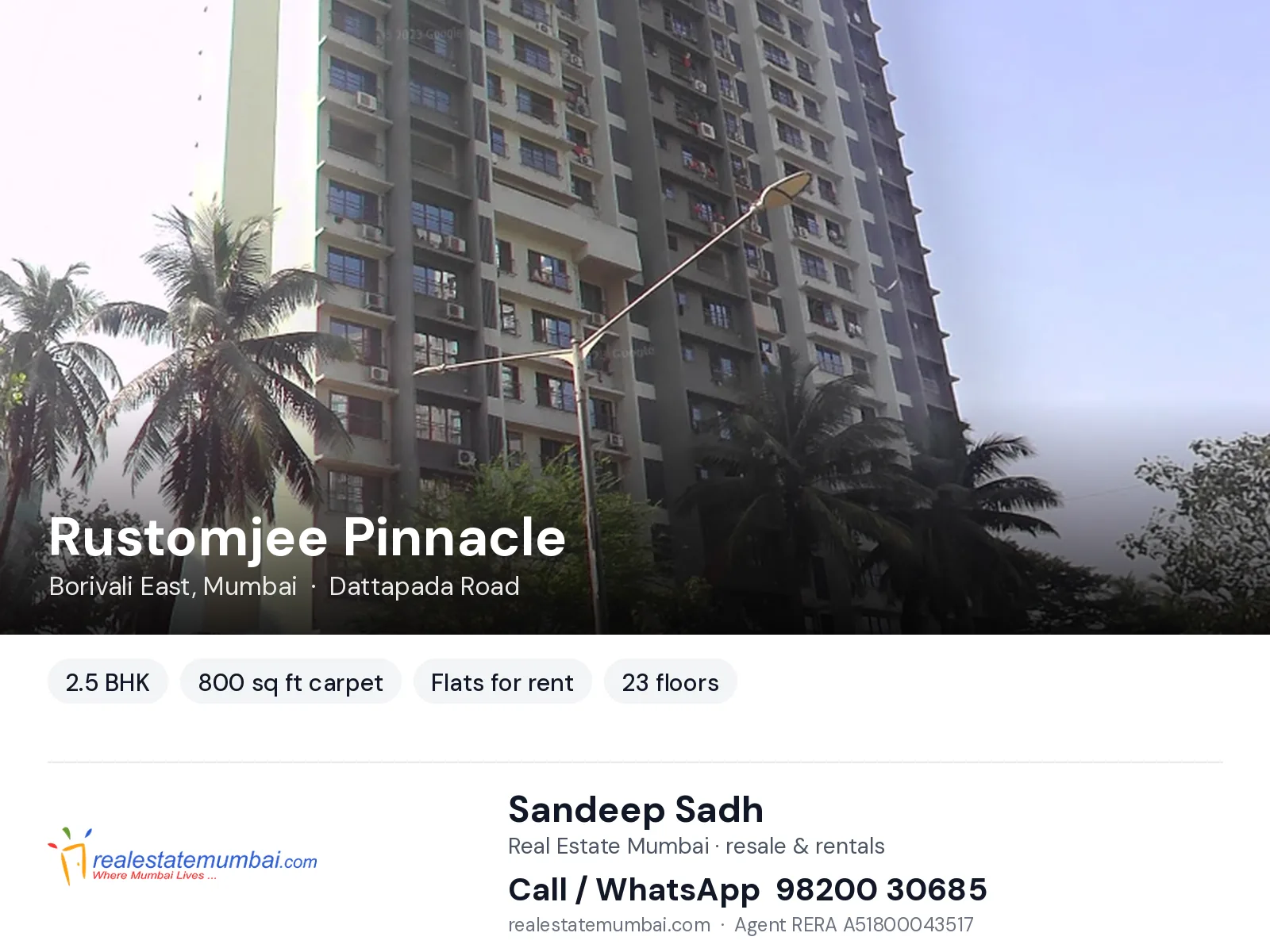 Rustomjee Pinnacle, Borivali East, Mumbai — 2.5 BHK flats for rent | Real Estate Mumbai, Sandeep Sadh 98200 30685
