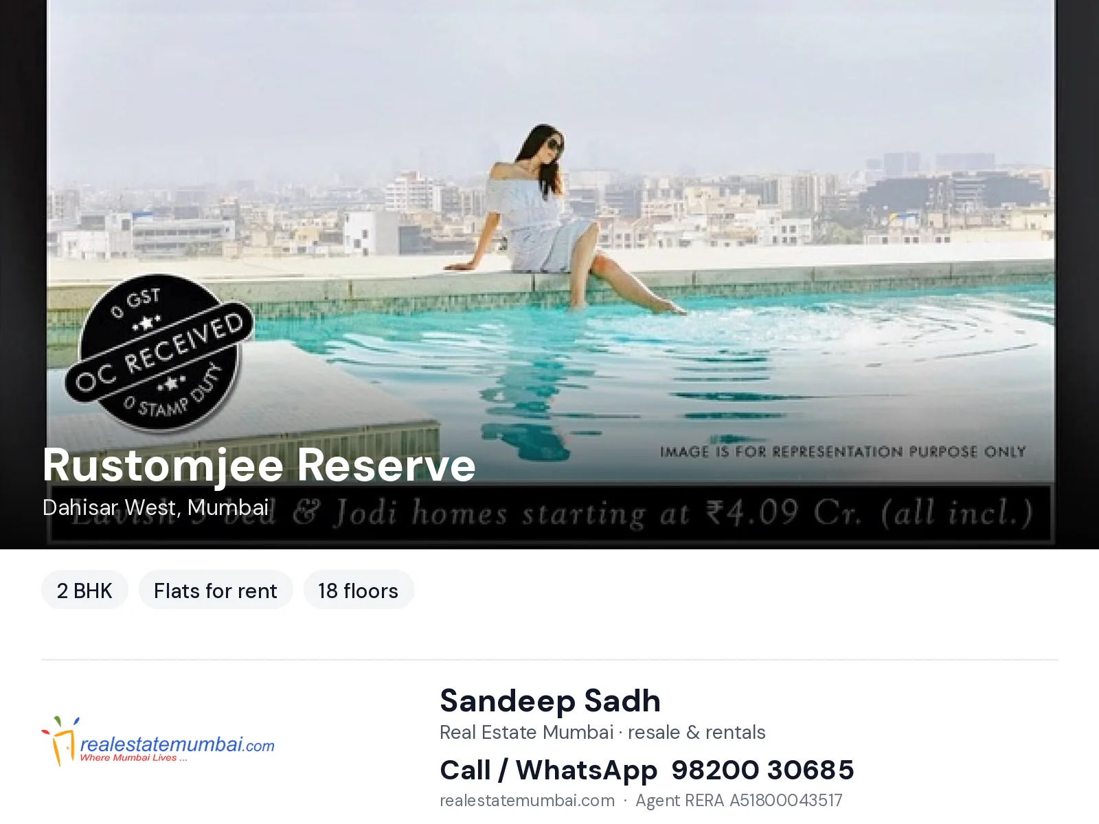 Rustomjee Reserve, Dahisar West, Mumbai — 2 BHK flats for rent | Real Estate Mumbai, Sandeep Sadh 98200 30685