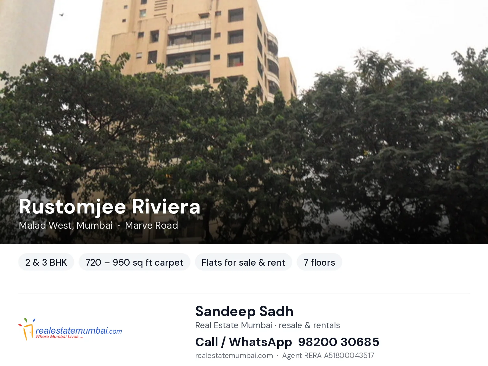 Rustomjee Riviera, Malad West, Mumbai — 2 & 3 BHK flats for sale & rent | Real Estate Mumbai, Sandeep Sadh 98200 30685