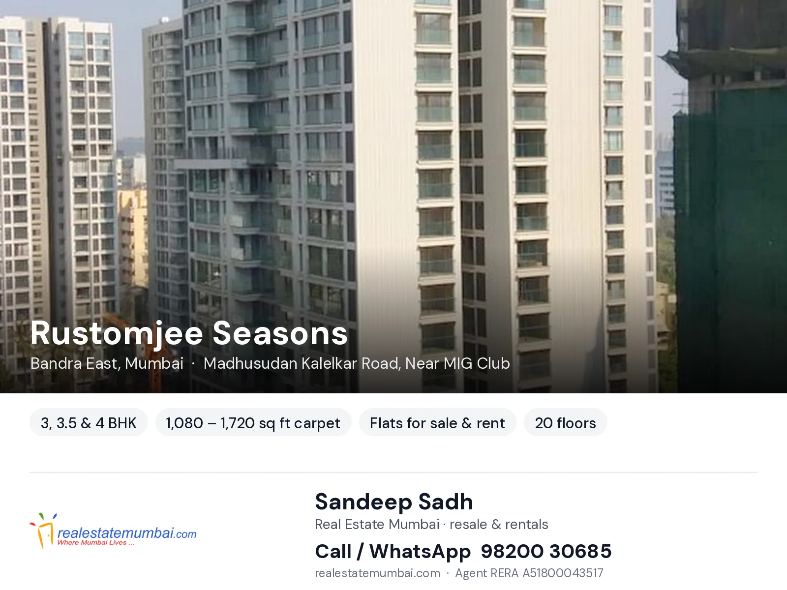 Rustomjee Seasons, Bandra East, Mumbai — 3, 3.5 & 4 BHK flats for sale & rent | Real Estate Mumbai, Sandeep Sadh 98200 30685