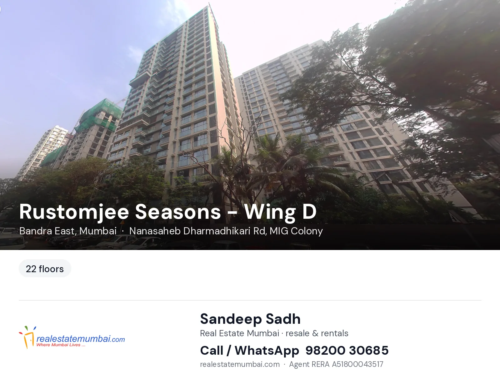 Rustomjee Seasons - Wing D, Bandra East, Mumbai — flats | Real Estate Mumbai, Sandeep Sadh 98200 30685