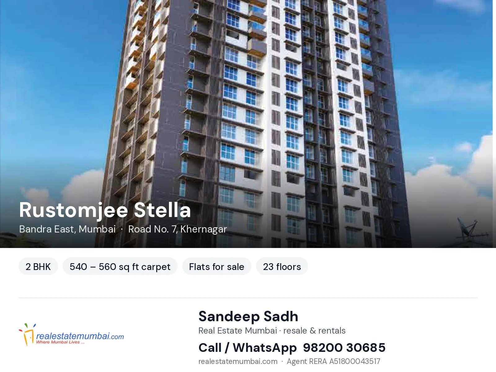Rustomjee Stella, Bandra East, Mumbai — 2 BHK flats for sale | Real Estate Mumbai, Sandeep Sadh 98200 30685