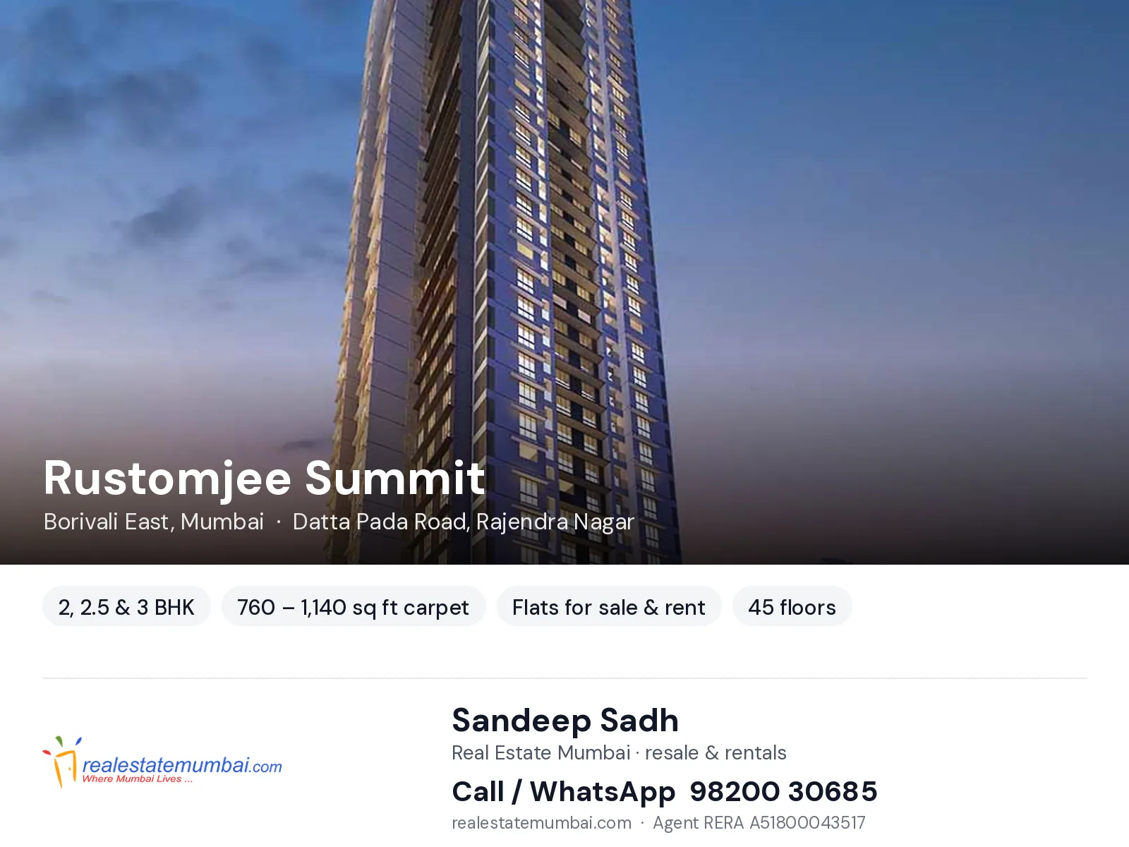 Rustomjee Summit, Borivali East, Mumbai — 2, 2.5 & 3 BHK flats for sale & rent | Real Estate Mumbai, Sandeep Sadh 98200 30685
