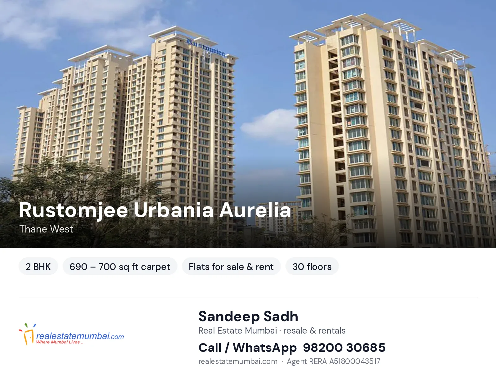 Rustomjee Urbania Aurelia, Thane West — 2 BHK flats for sale & rent | Real Estate Mumbai, Sandeep Sadh 98200 30685