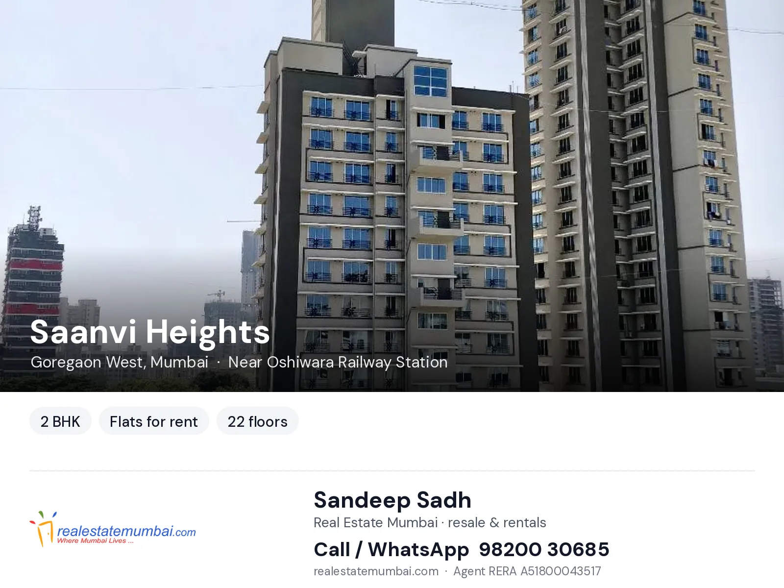 Saanvi Heights, Goregaon West, Mumbai — 2 BHK flats for rent | Real Estate Mumbai, Sandeep Sadh 98200 30685
