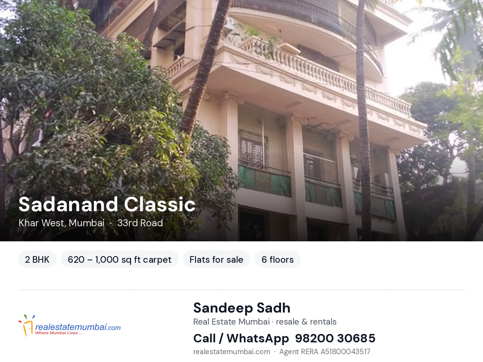 Sadanand Classic, Khar West, Mumbai — 2 BHK flats for sale | Real Estate Mumbai, Sandeep Sadh 98200 30685